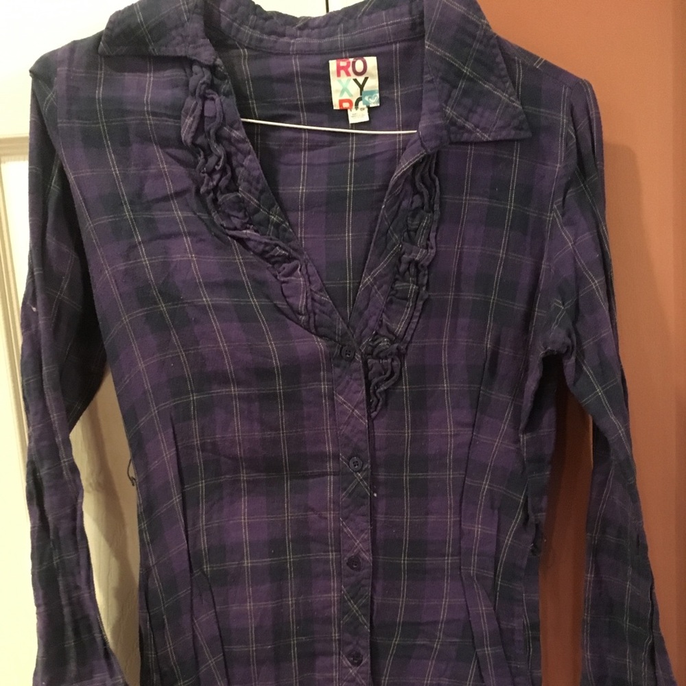 Foxy purple plaid long button shirt/ tunic small